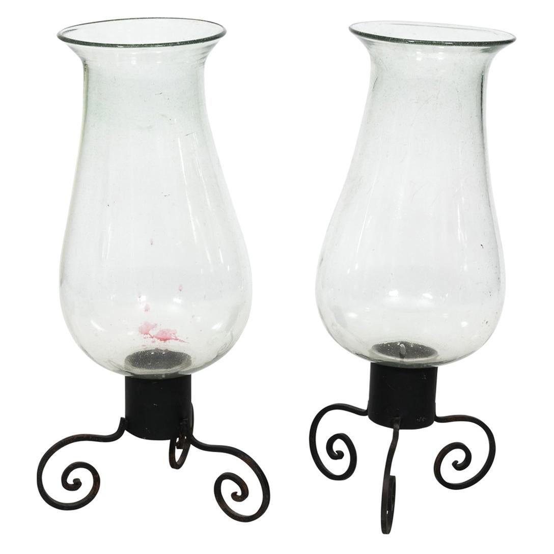 Pair of Wrought Iron and Glass Hurricanes