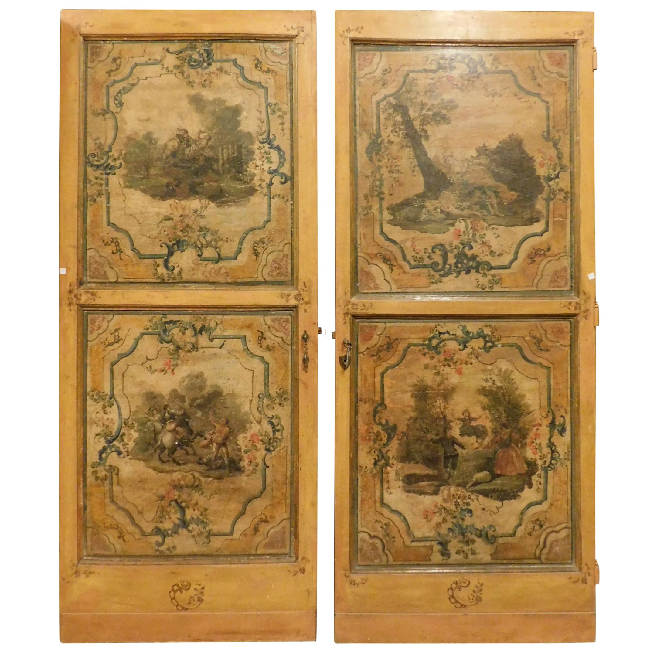 Pair of Antique Doors, 1700, Italy, Wood, Lacquered, Hand Painted, Bilateral