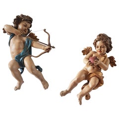 Pair of Painted Wood Sculpted Cherubims or Angels, 1940s, from Italy