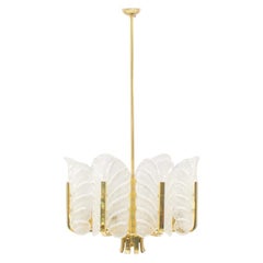 Carl Fagerlund Orrefors Chandelier Glass Leaves and Brass, Eight-Light, Swedish