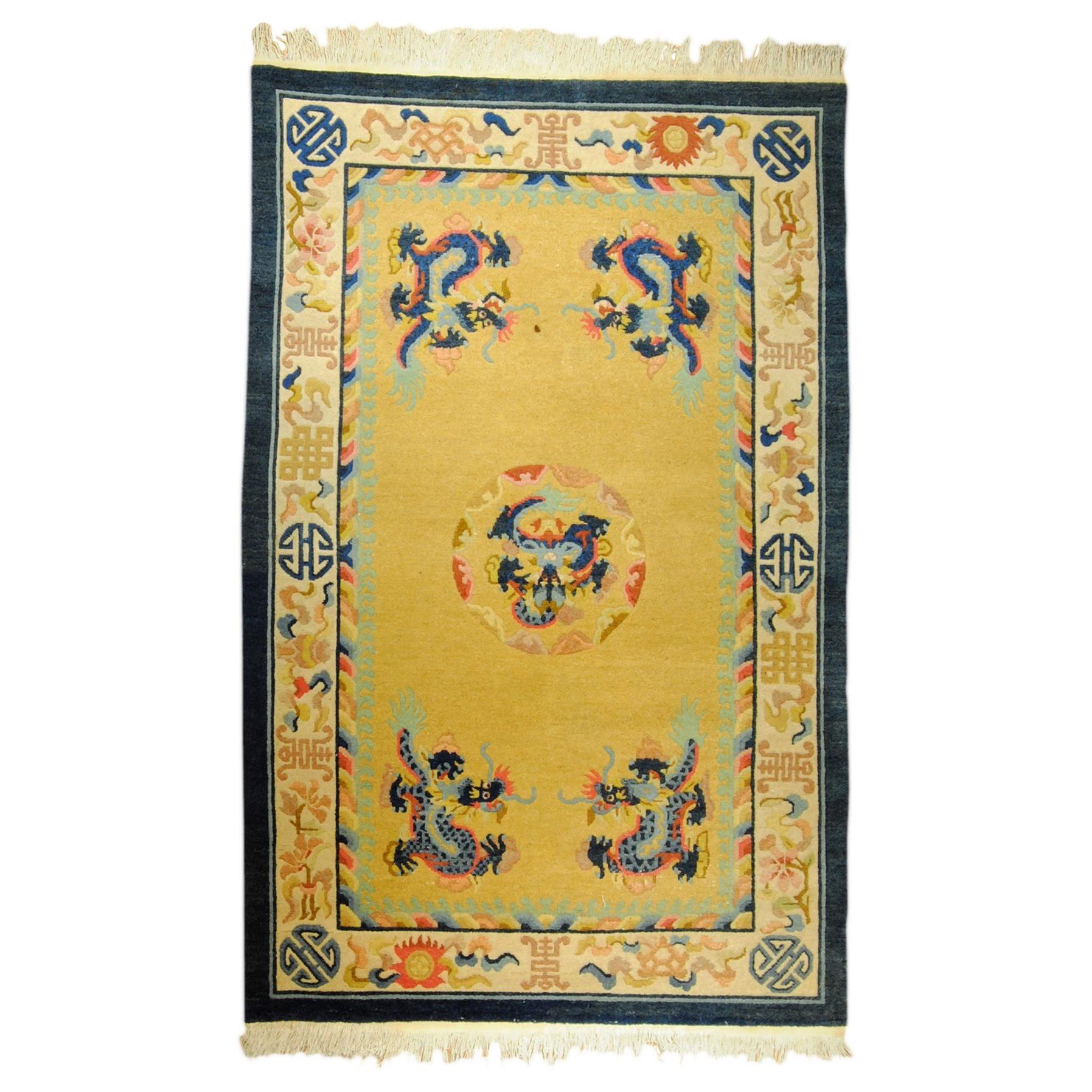 20th Century Yellow and Blue Wool Hand Knotted Chinese Dragoons Rug