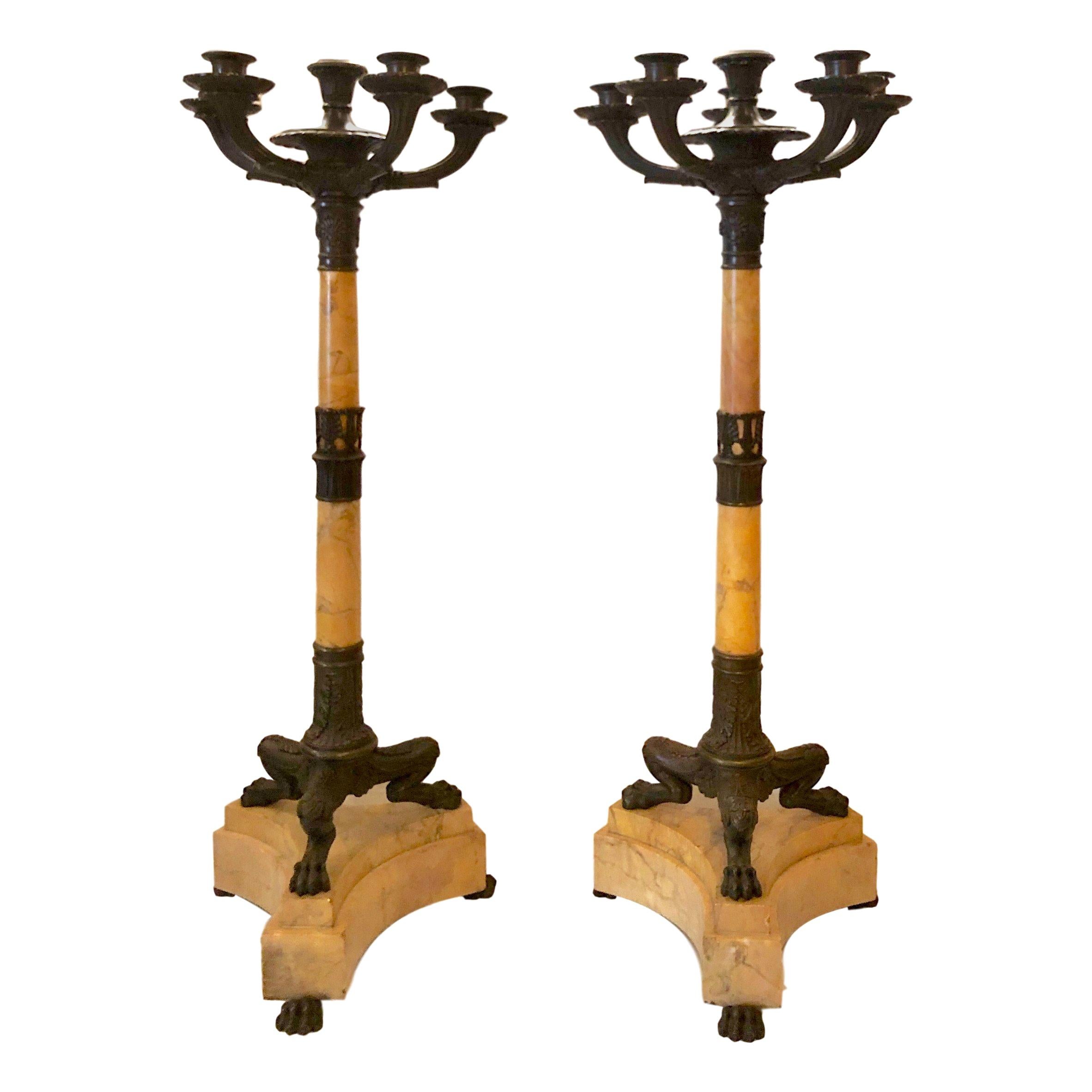 Pair of Antique Marble and Bronze Candelabras For Sale