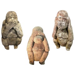 Set of Three Stone Sculptures Depicting Three Monkeys of Different Sizei