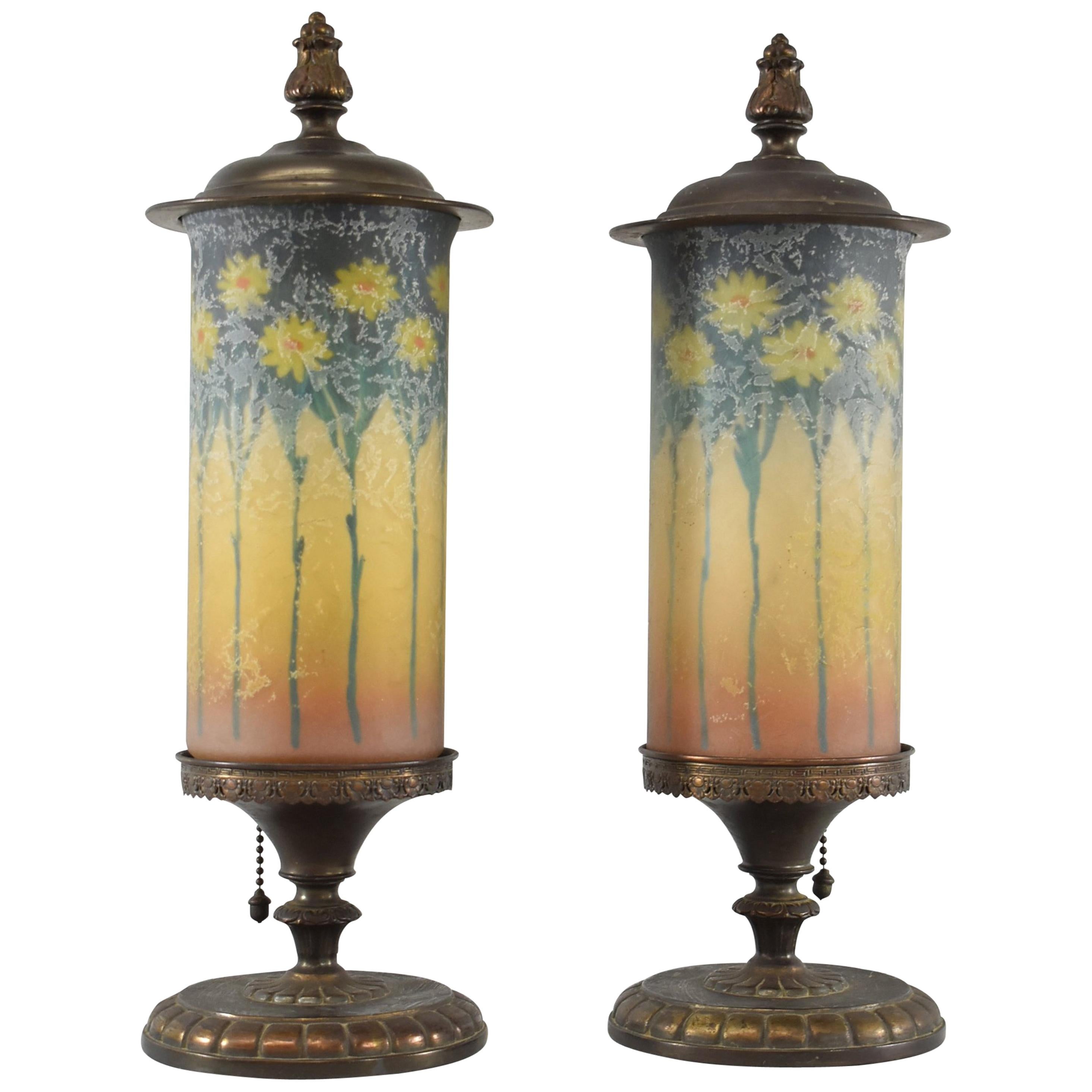 Pair of Signed Reverse Painted Mantel Lamps with Daisies