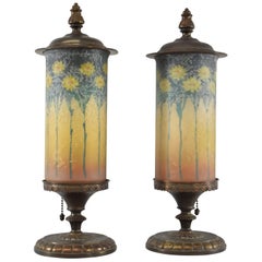 Pair of Signed Reverse Painted Mantel Lamps with Daisies