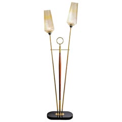 Mid-Century Modern Italian Floor Lamp in Wood, Brass and Murano Glass Shades