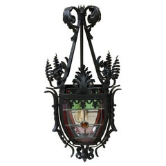 French Iron Neo-Gothic Lantern with Stained Glass, circa 1880
