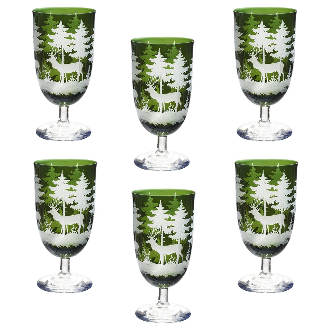 Set of Six Wine Goblets Green Crystal Hunting Decor Sofina Boutique Kitzbuehel For Sale