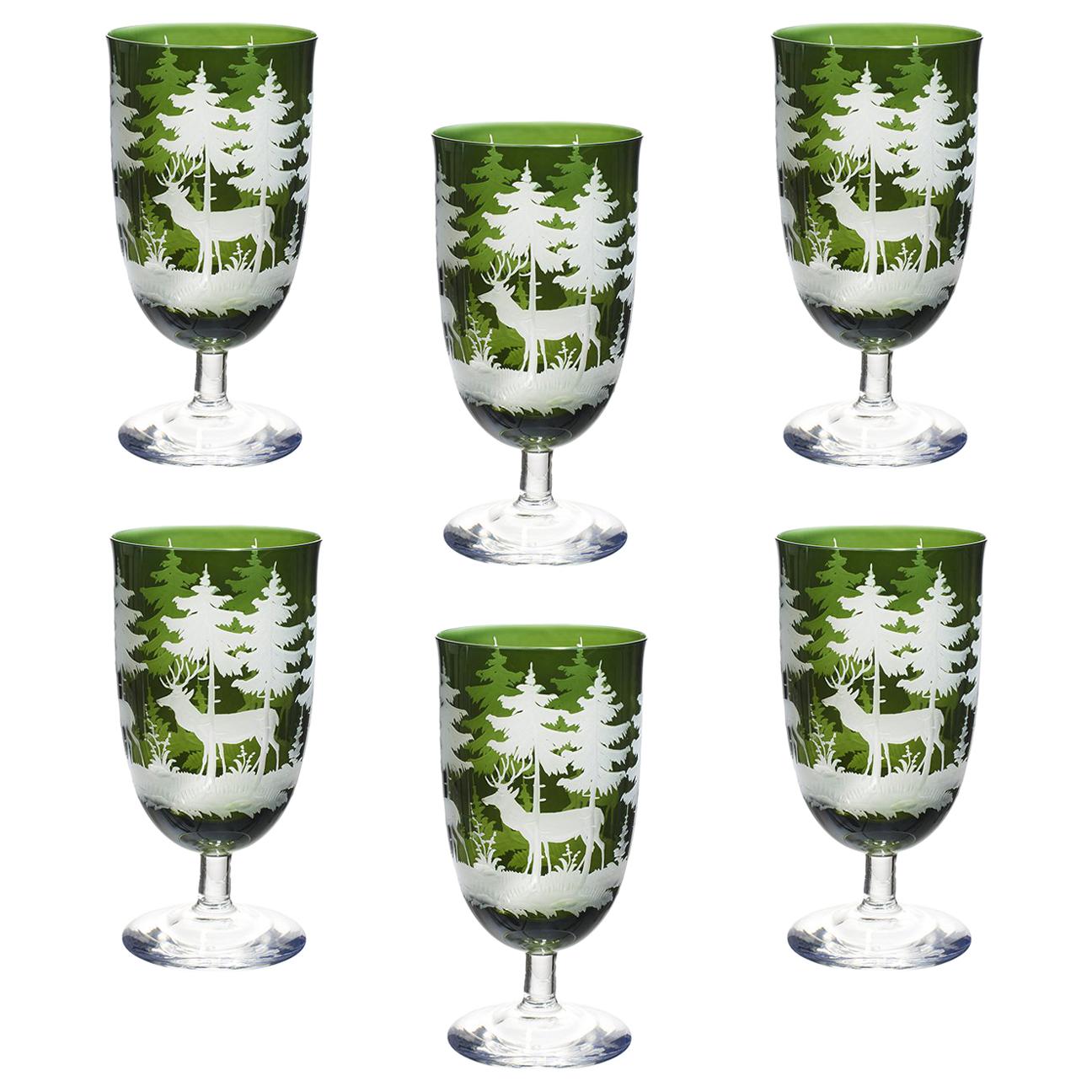 Set of Six Wine Goblets Green Crystal Hunting Decor Sofina Boutique Kitzbuehel