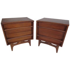 Pair of Mid-Century Modern Walnut Curved Front Nightstands