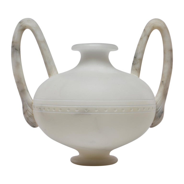 Italian Carved White Alabaster Vase with Tall Handles at 1stDibs