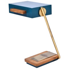 1950s Brass, Oak and Teal Enamelled Iron Lamp