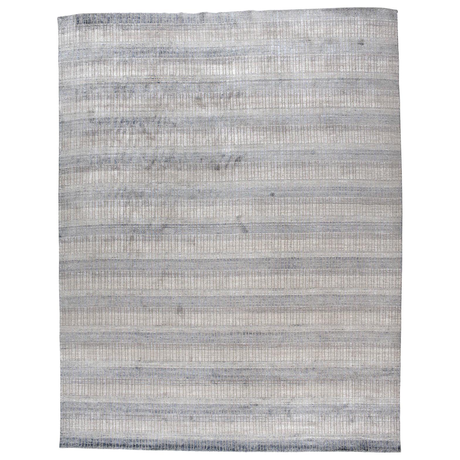 Beige and Steel Contemporary Grid Pattern Rug For Sale