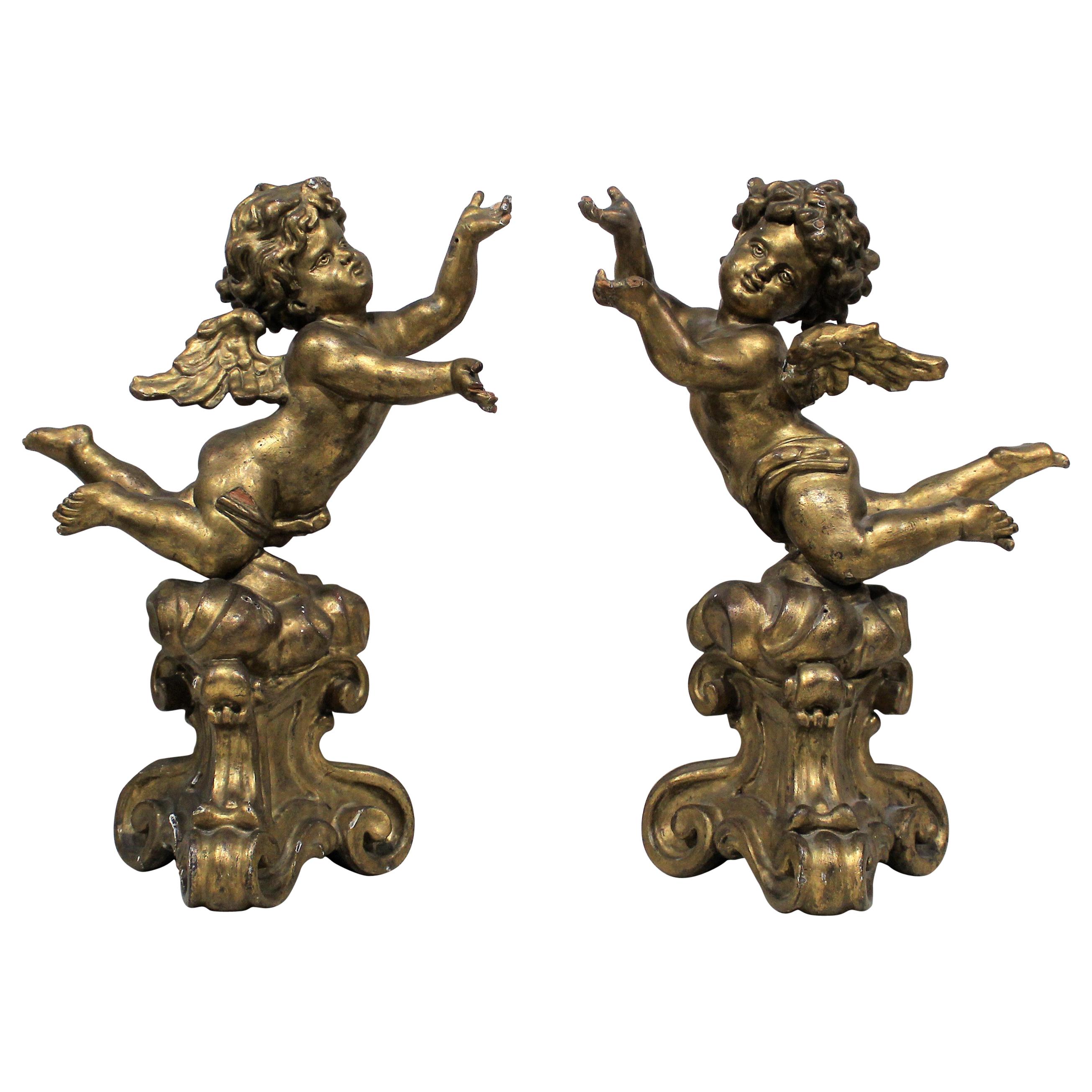 Antique Pair of Gilt Carved Wood Putti Figures