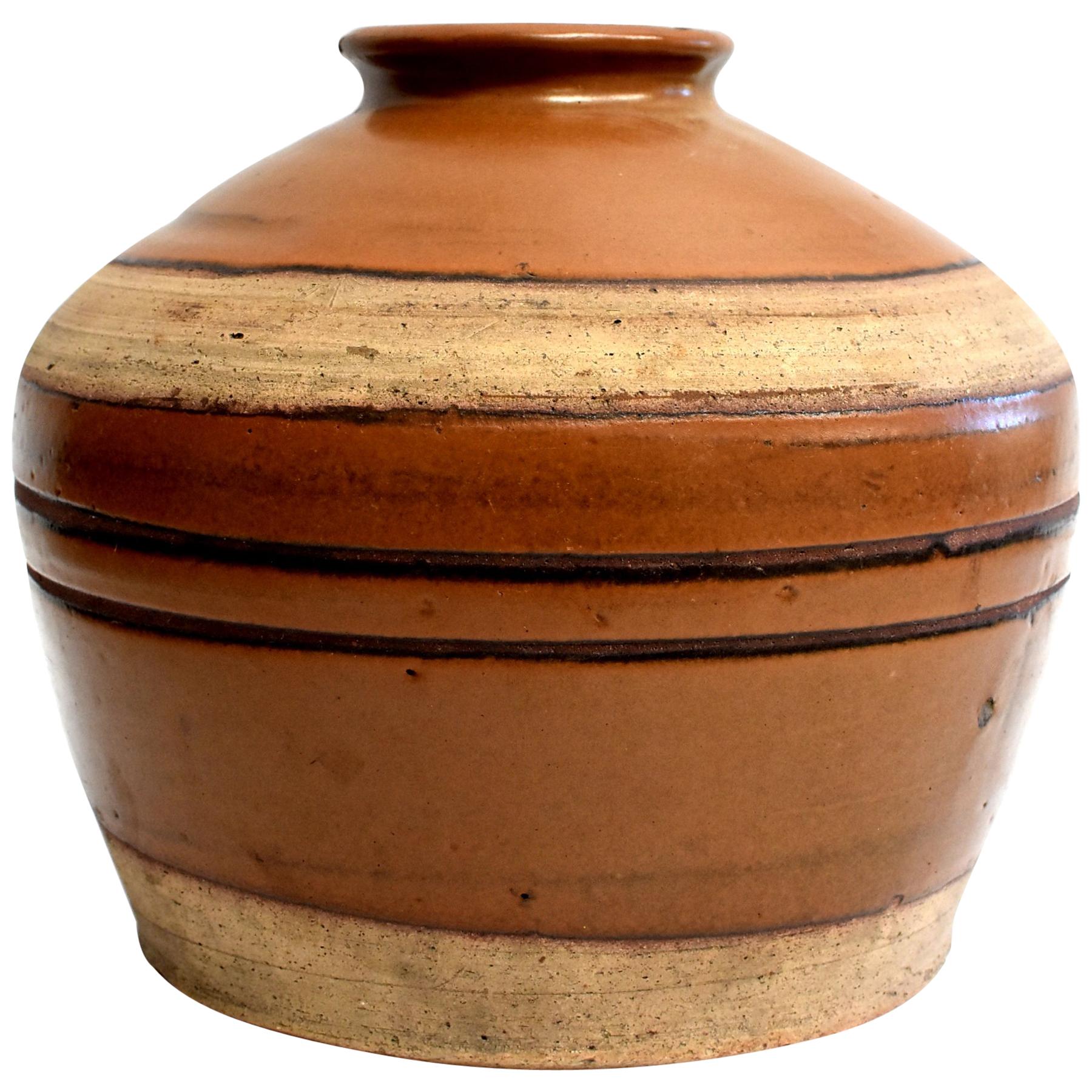 Large Antique Brown Jar with Black Rings, Handmade Chinese Pottery