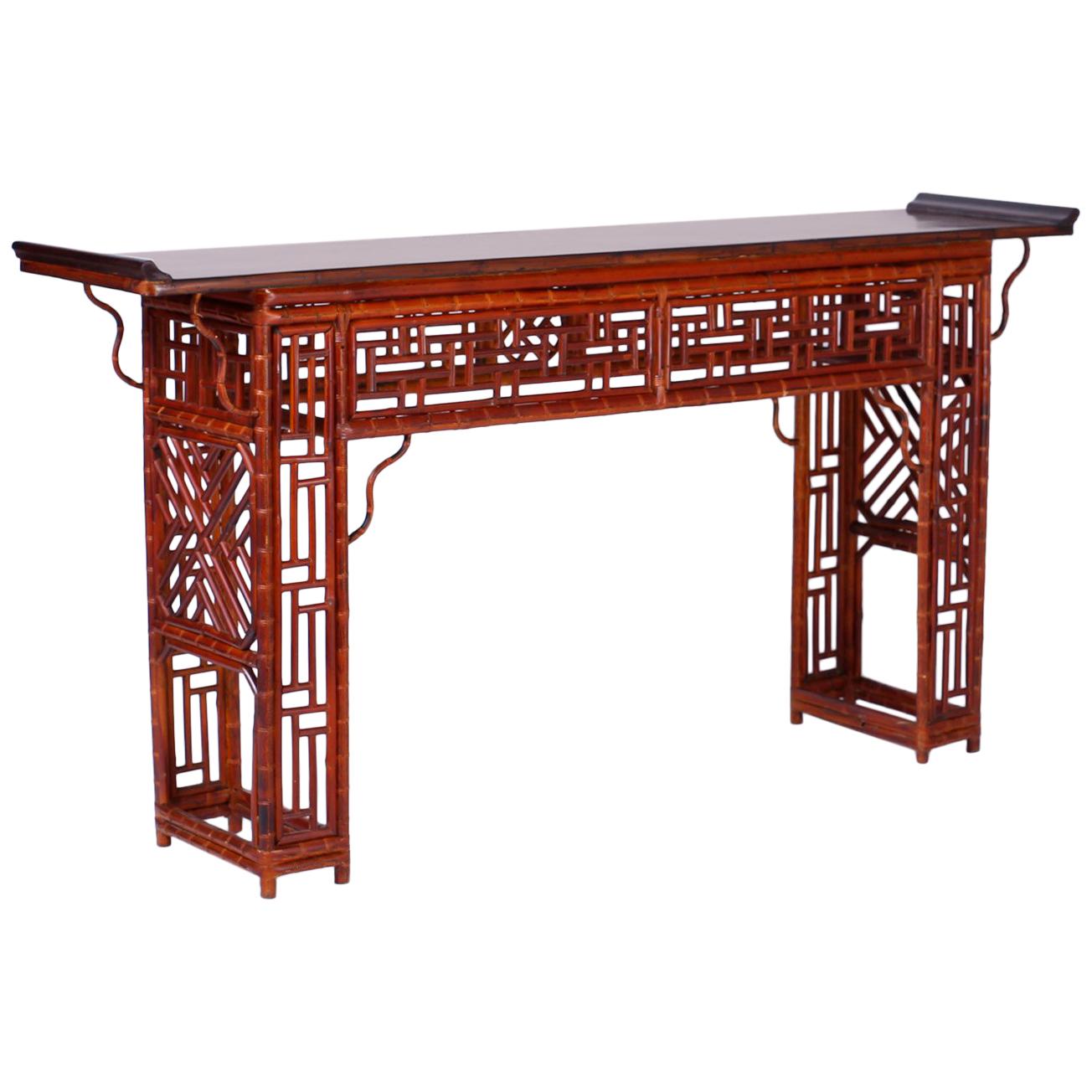 Midcentury Chinese Chippendale Style Bamboo Console Table