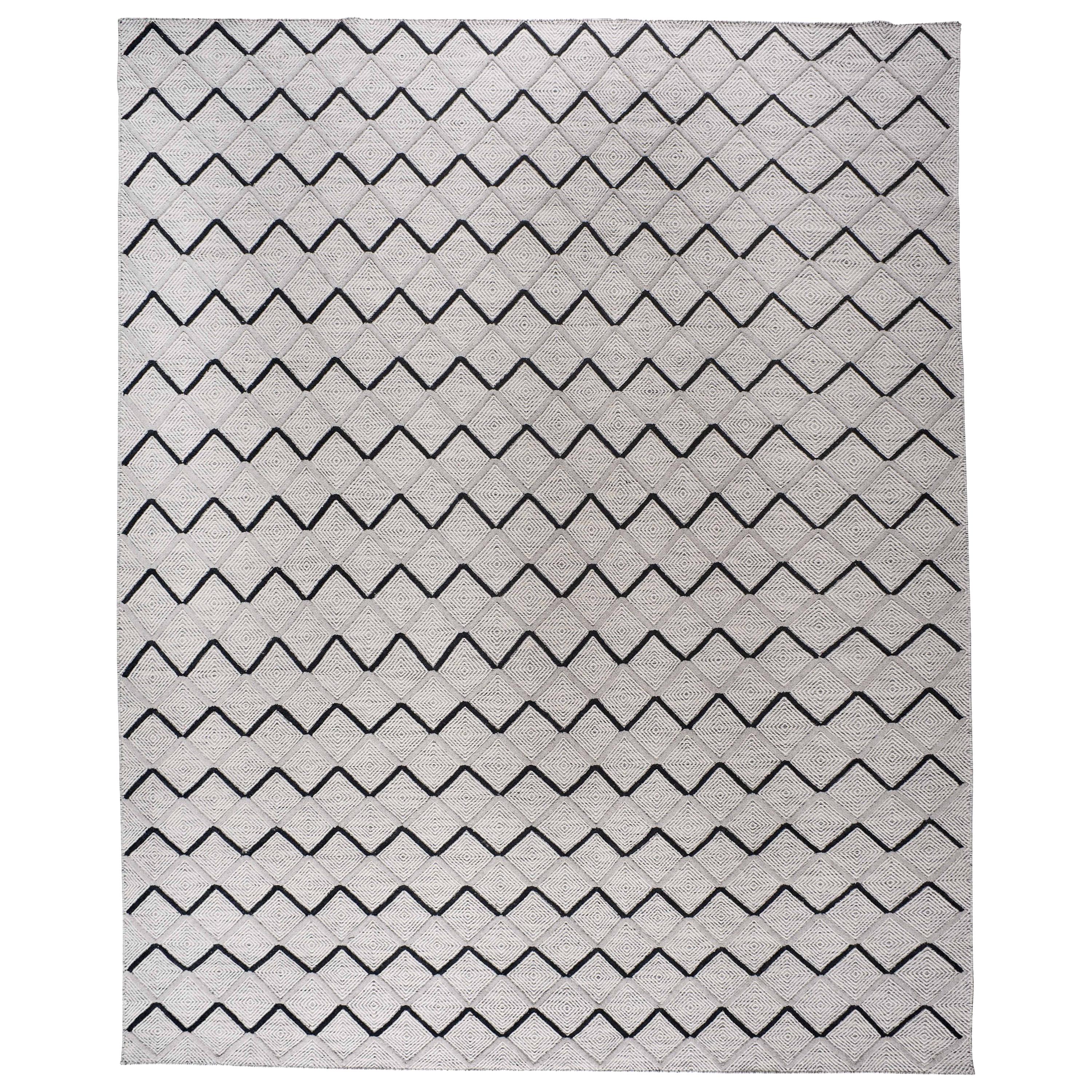 Black and White Diamonds Wool Area Rug For Sale