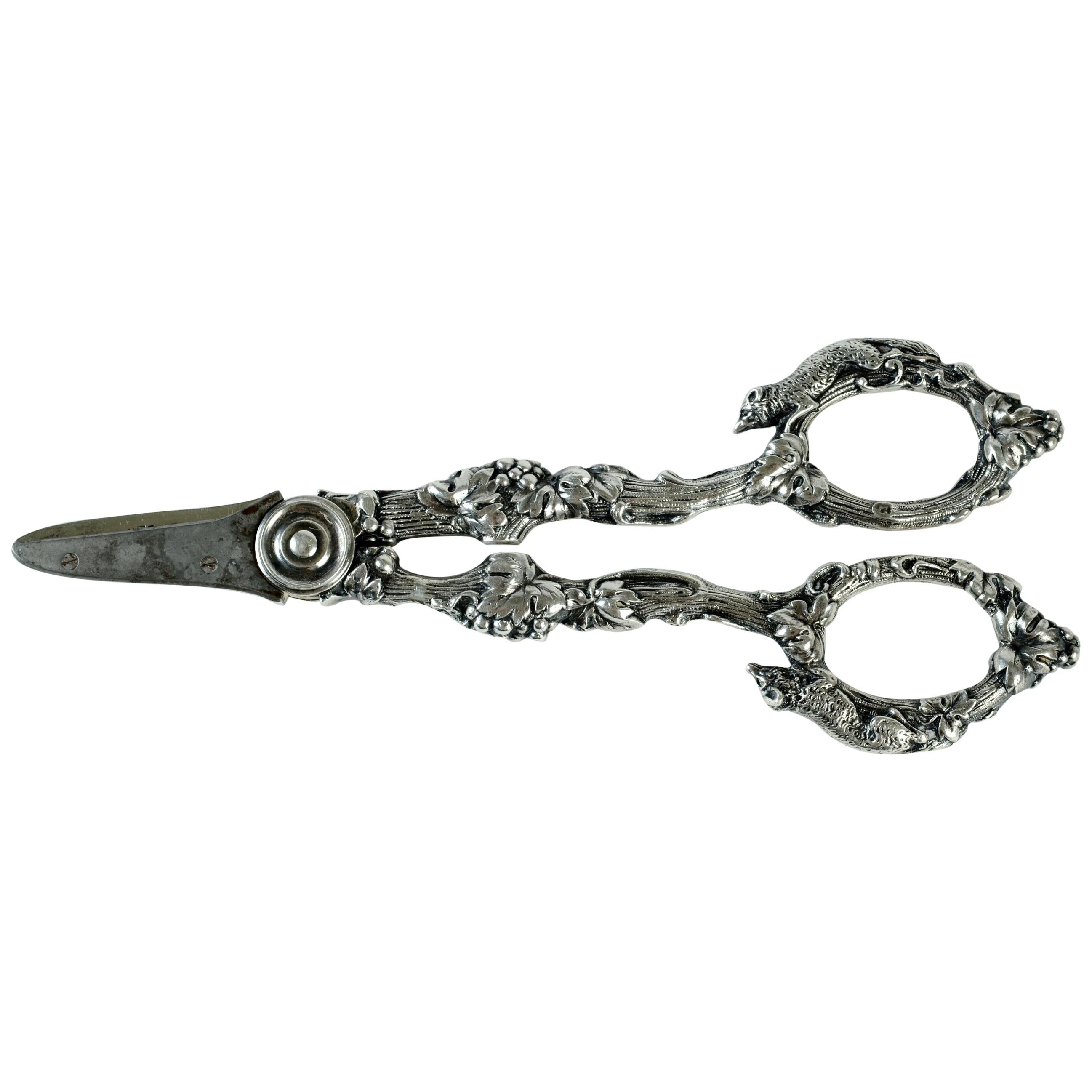 Gorham Sterling Silver Grape Shears, "Fox and Grape" Pattern, Late 19th Century