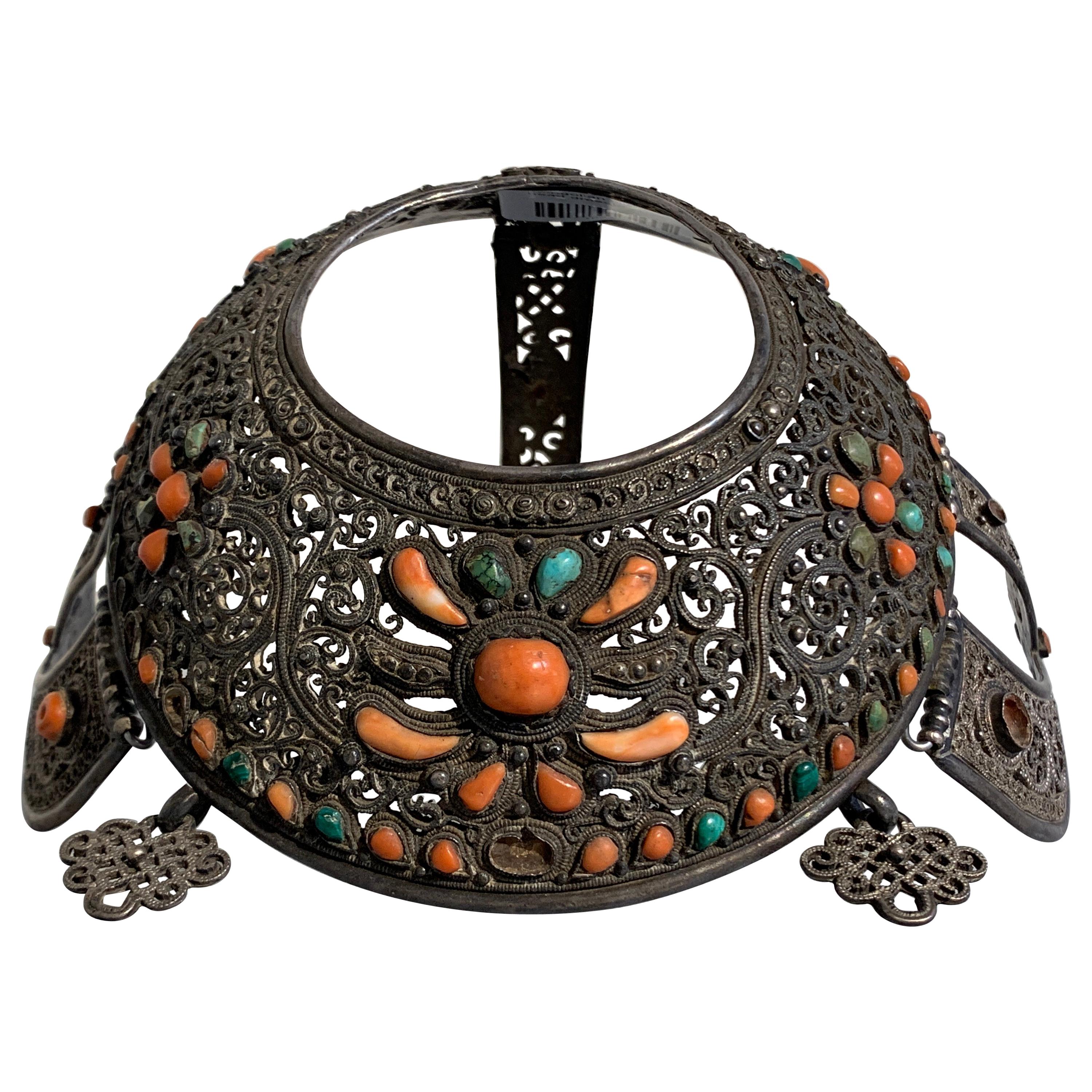 Mongolian Silver Crown Headdress with Inlaid Coral and Turquoise, 19th Century