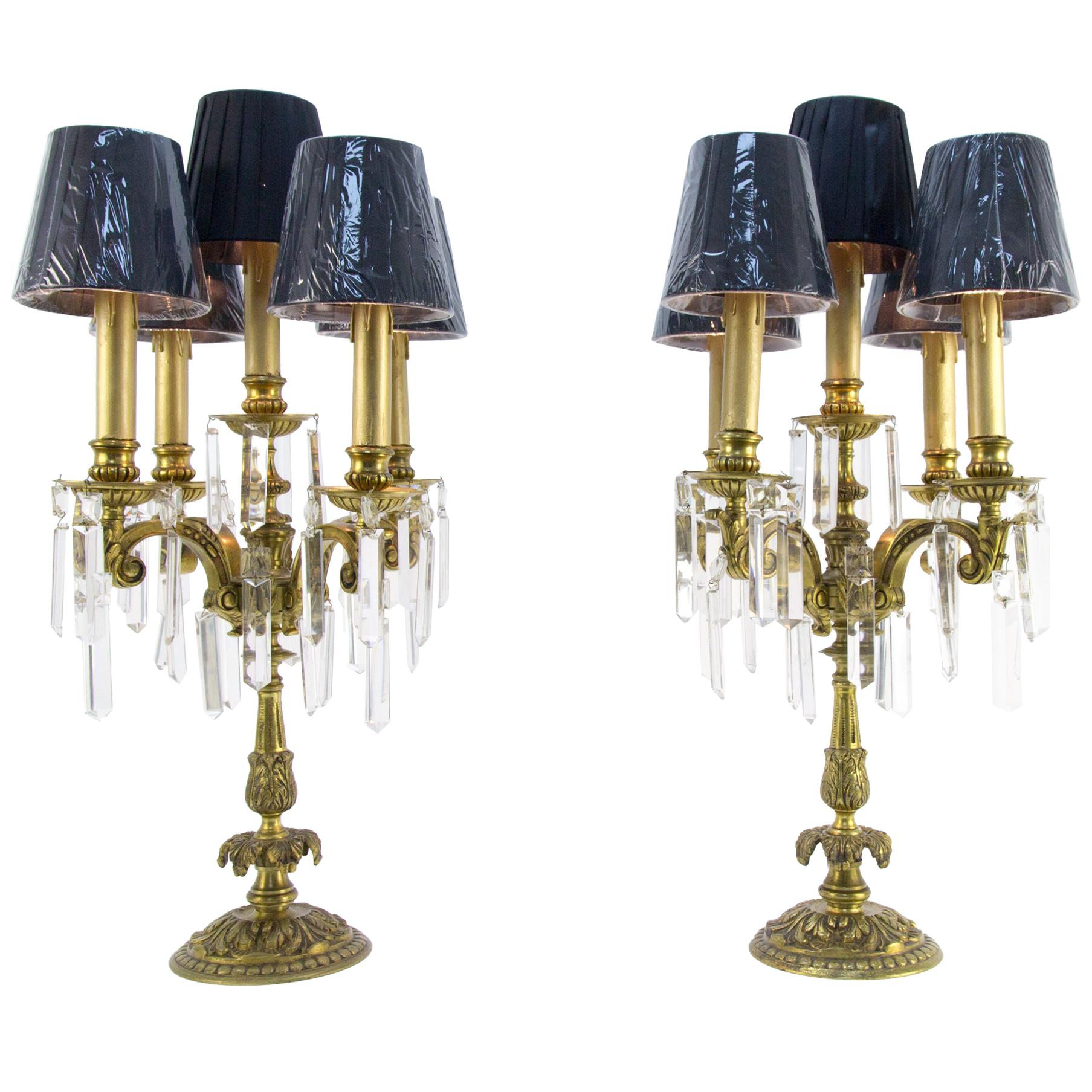 Pair of French Louis XVI Style Bronze and Crystal Candelabra Table Lamps