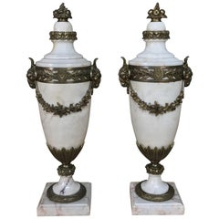 Pair of 19th Century French Louis XVI Marble Cassolettes Mantel Urns with Bronze