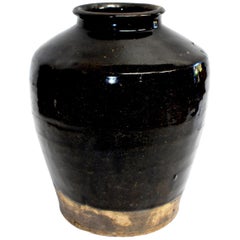 Large Chinese Antique Black Jar, High Shoulder
