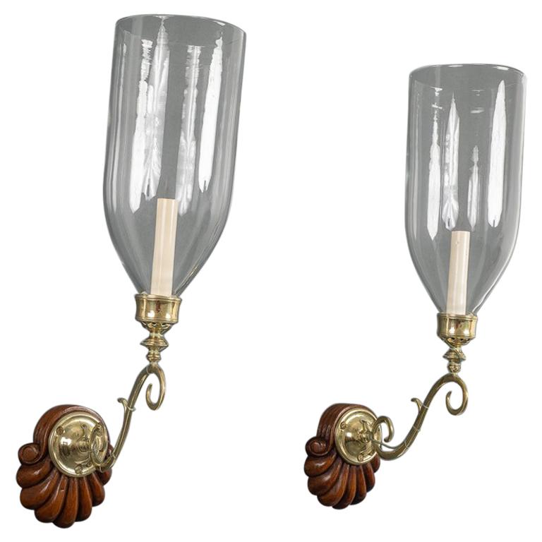Pair of Regency Brass, Etched and CutGlass Hurricane Wall Sconces at