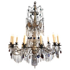 Antique 19th Century Italian Carved Gilt Wood, Brass and Crystal Twelve-Light Chandelier