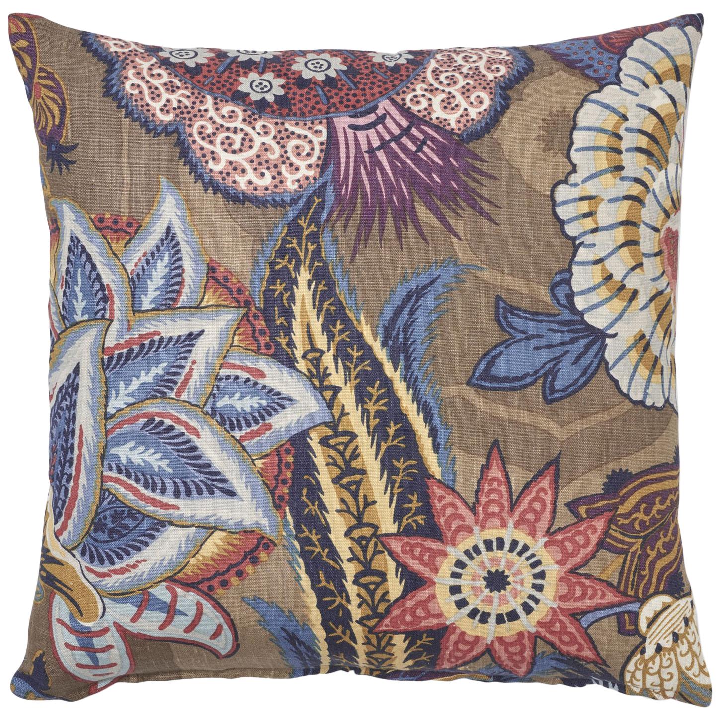 Schumacher Zanzibar Linen Print Cerulean Two-Sided Floral Pillow