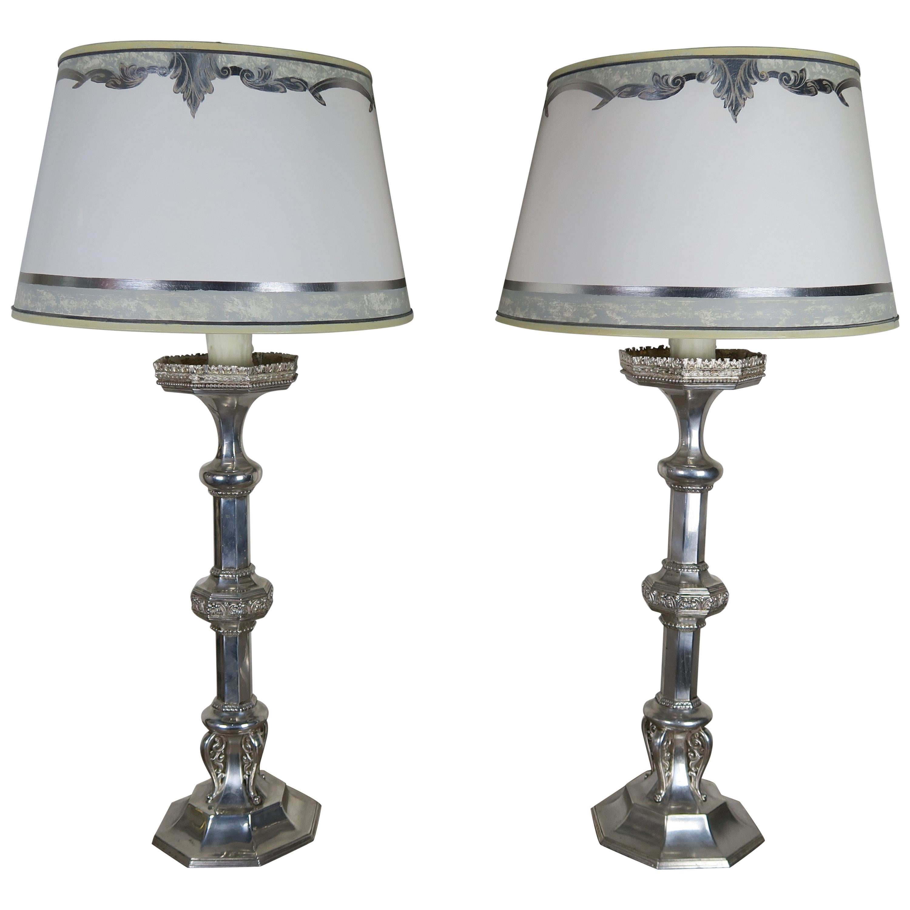 Pair of English Sheffield Silver Plated Lamps with Custom Parchment Shades