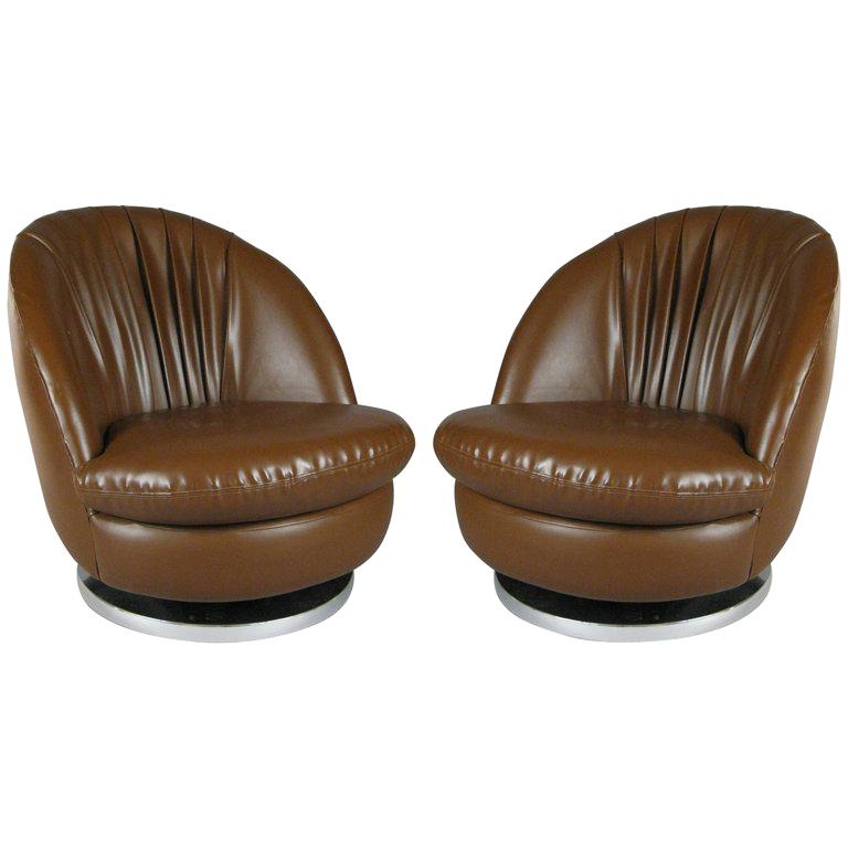 Pair of Milo Baughman Brown Tilt and Swivel Lounge Chairs