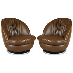 Pair of Milo Baughman Brown Tilt and Swivel Lounge Chairs