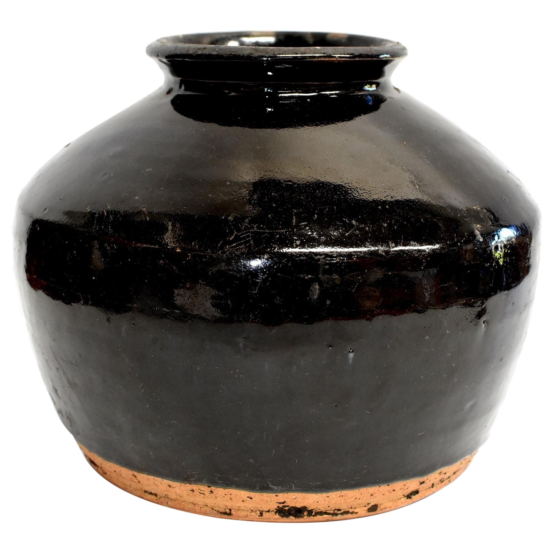 Large Chinese Antique Black Pottery Jar, Slanted Shoulders