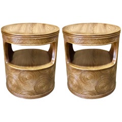 Pair of Mod Bamboo and Reed Round End Tables