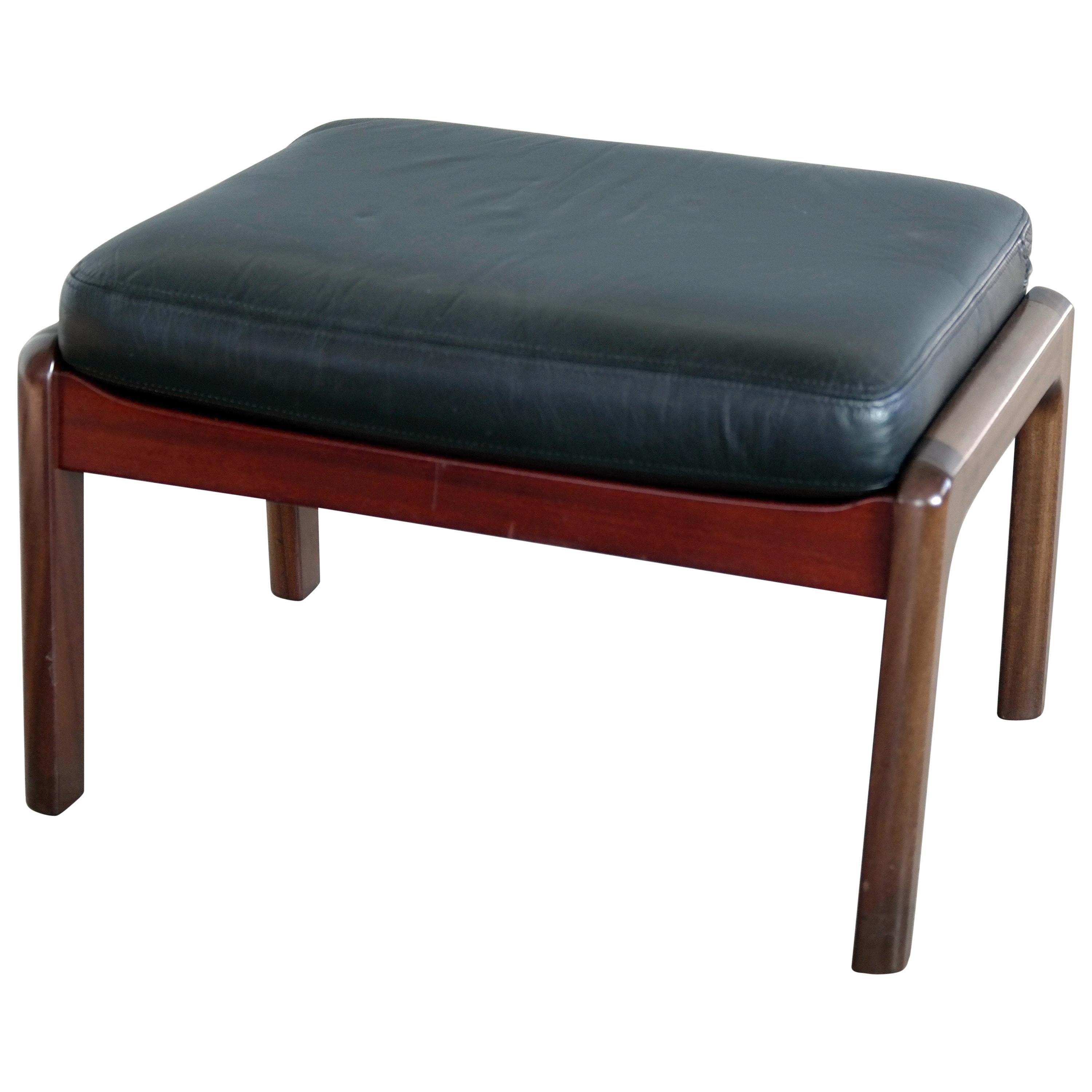 Midcentury Danish Ottoman in Leather and Mahogany by Ole Wanscher