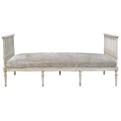 Swedish Gustavian Banquette/Daybed w/ White-Grey Paint & New Upholstery, c 1800 