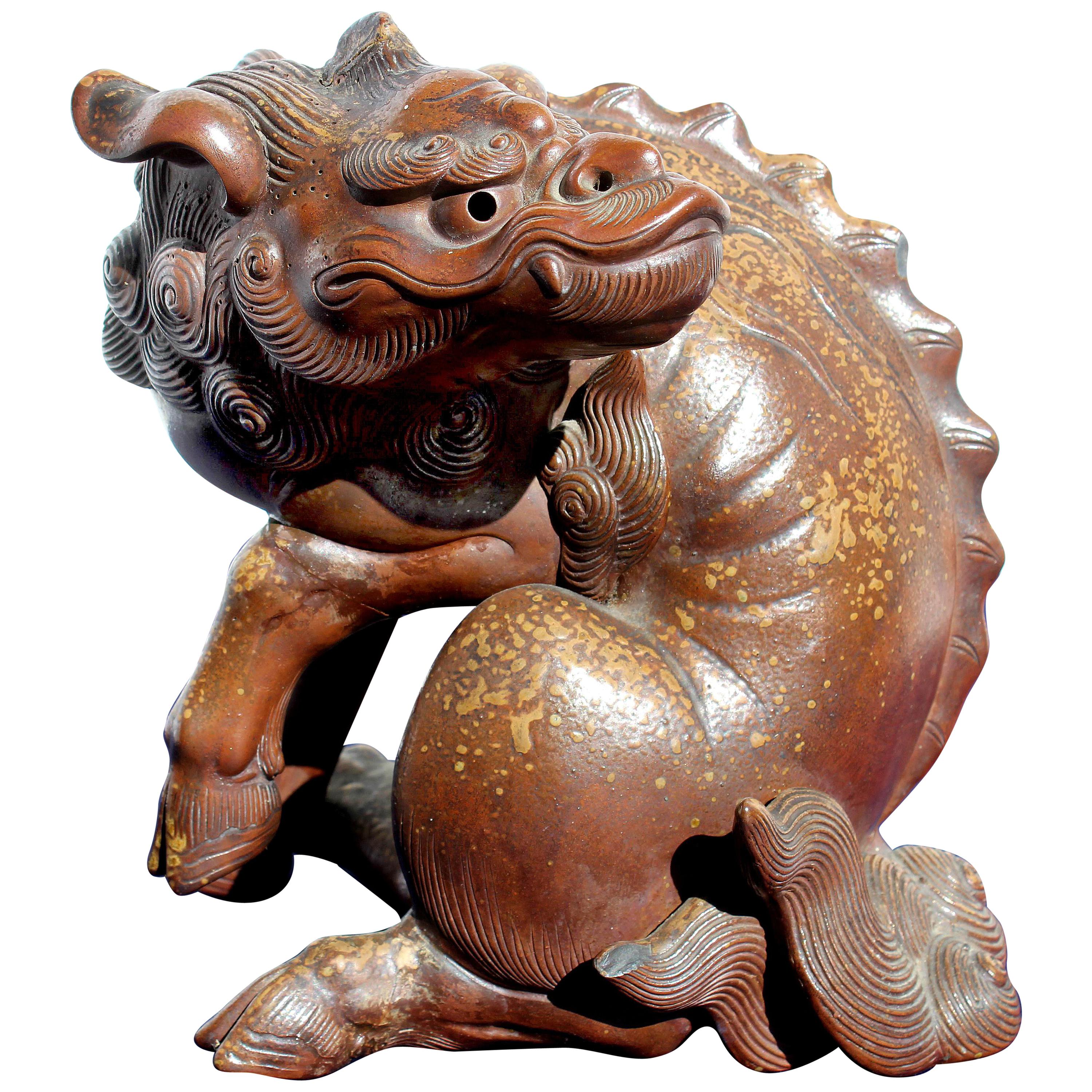 19th Century Japanese Earthenware Foo Dog Lion Dragon