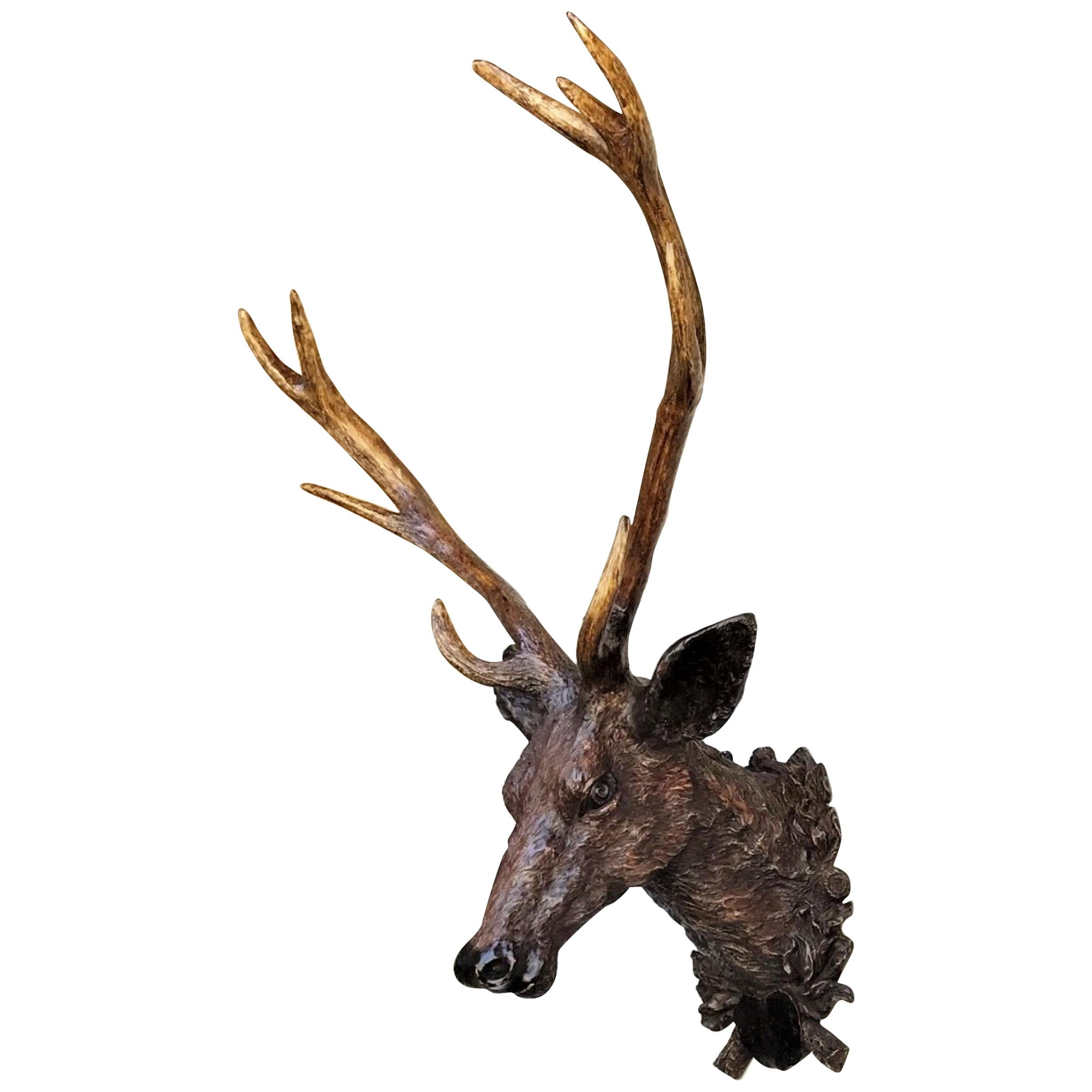 19th C Black Forest Stag Head Antler wall mount deer Sculpture Statue LA antique