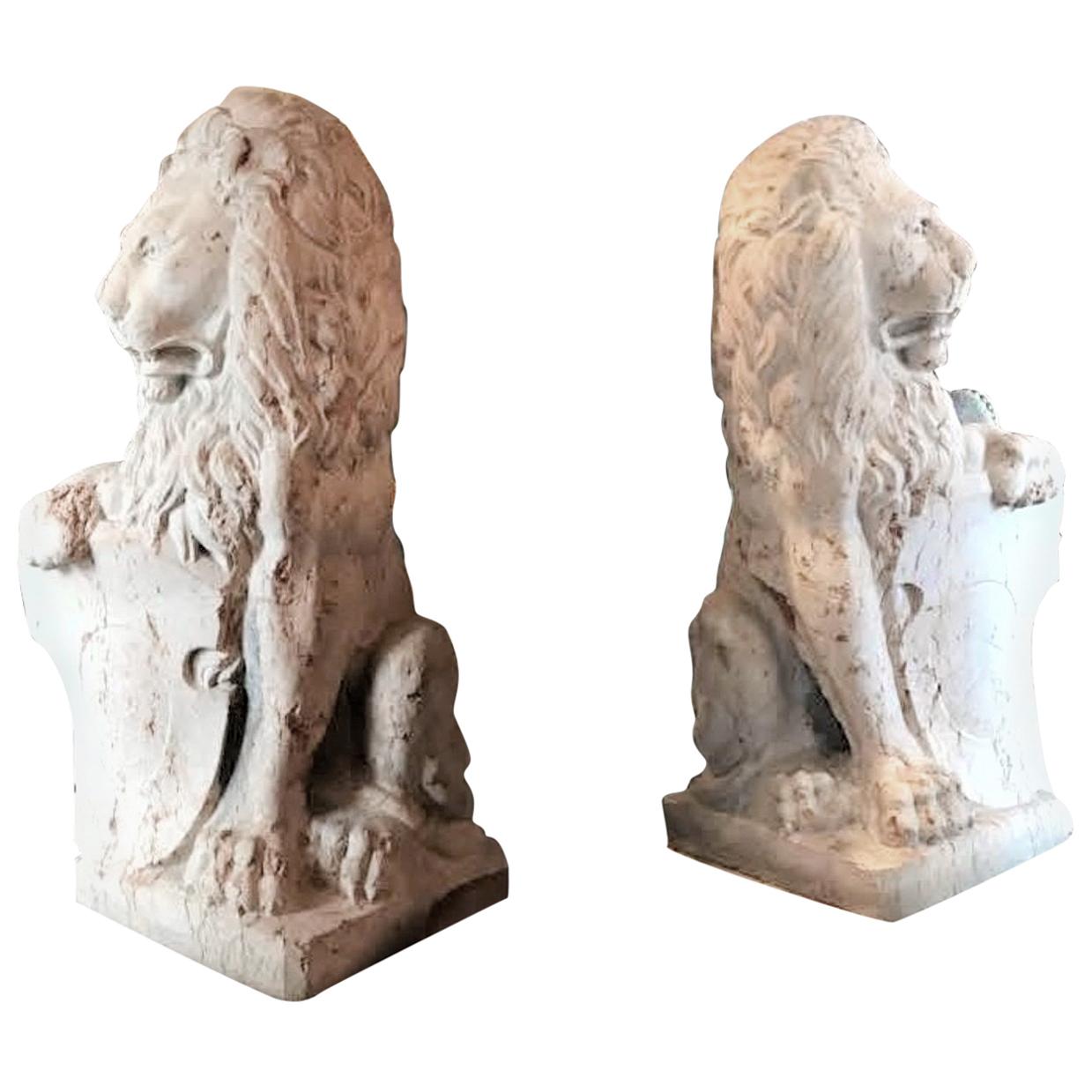Pair 18th C. Carved Marble Terracotta Figures Lions Sculptures Garden Statues LA