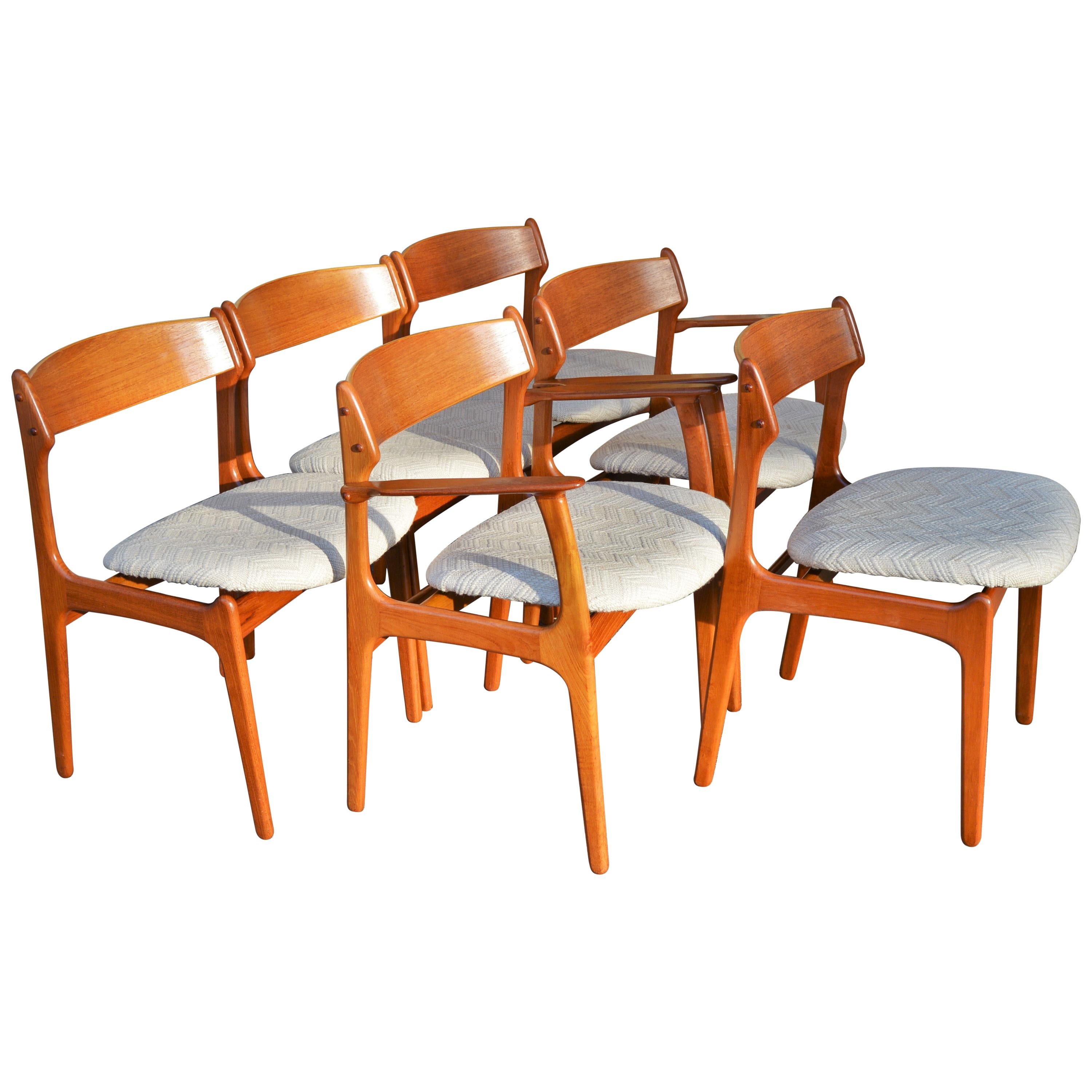 Rare Set 6 Danish Teak Dining Chairs by Erik Buch, Teak Backrests & 2 Armchairs For Sale
