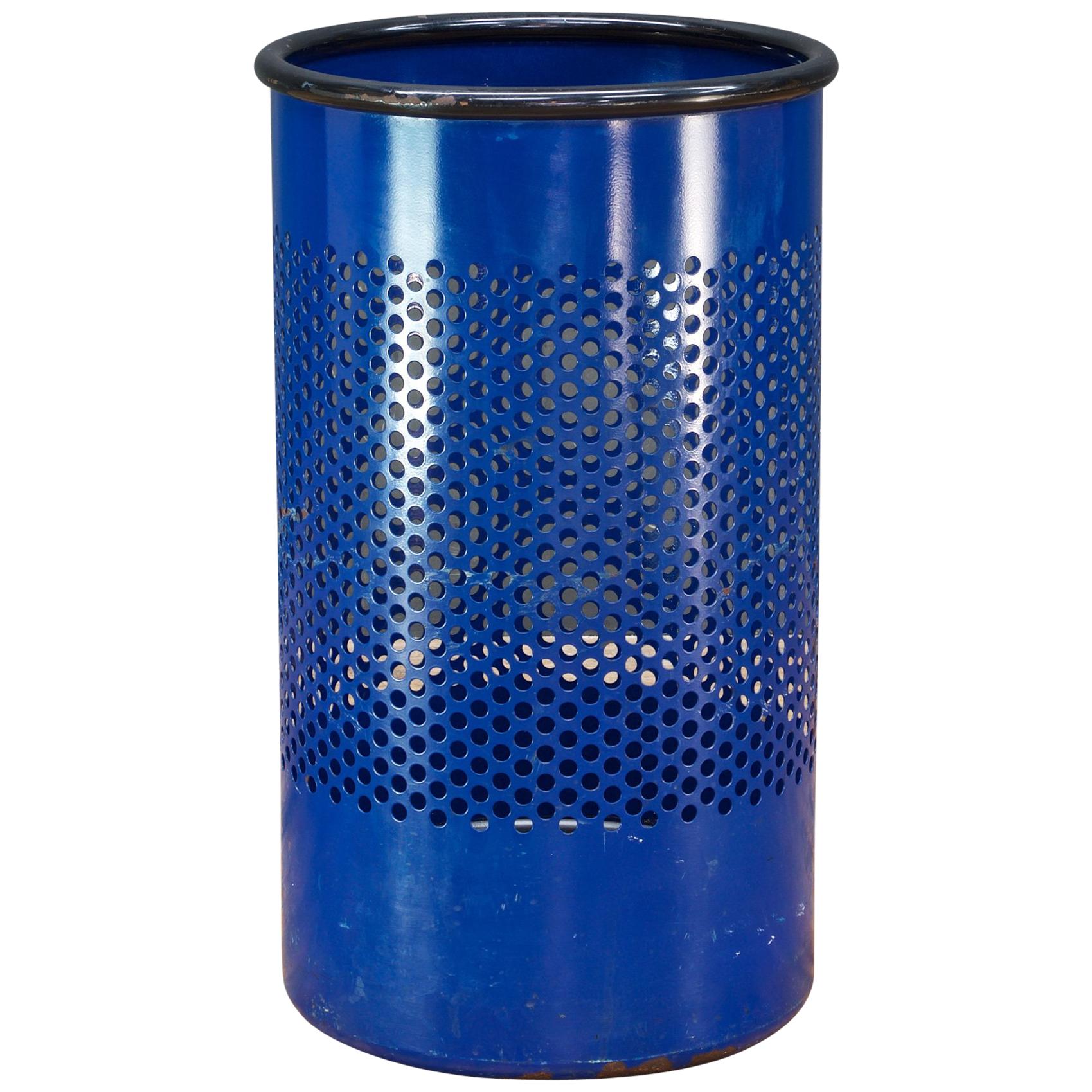 1980s Blue Perforated Metal Office Wastebasket Trash Can Italy Memphis Sottsass