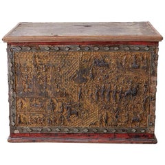 Antique 19th Century Burmese Gilt Mosaic Lacquer Trunk