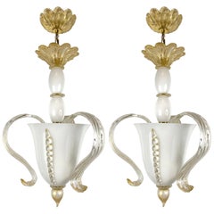 Pair of Italian White and Amber Glass Chandeliers