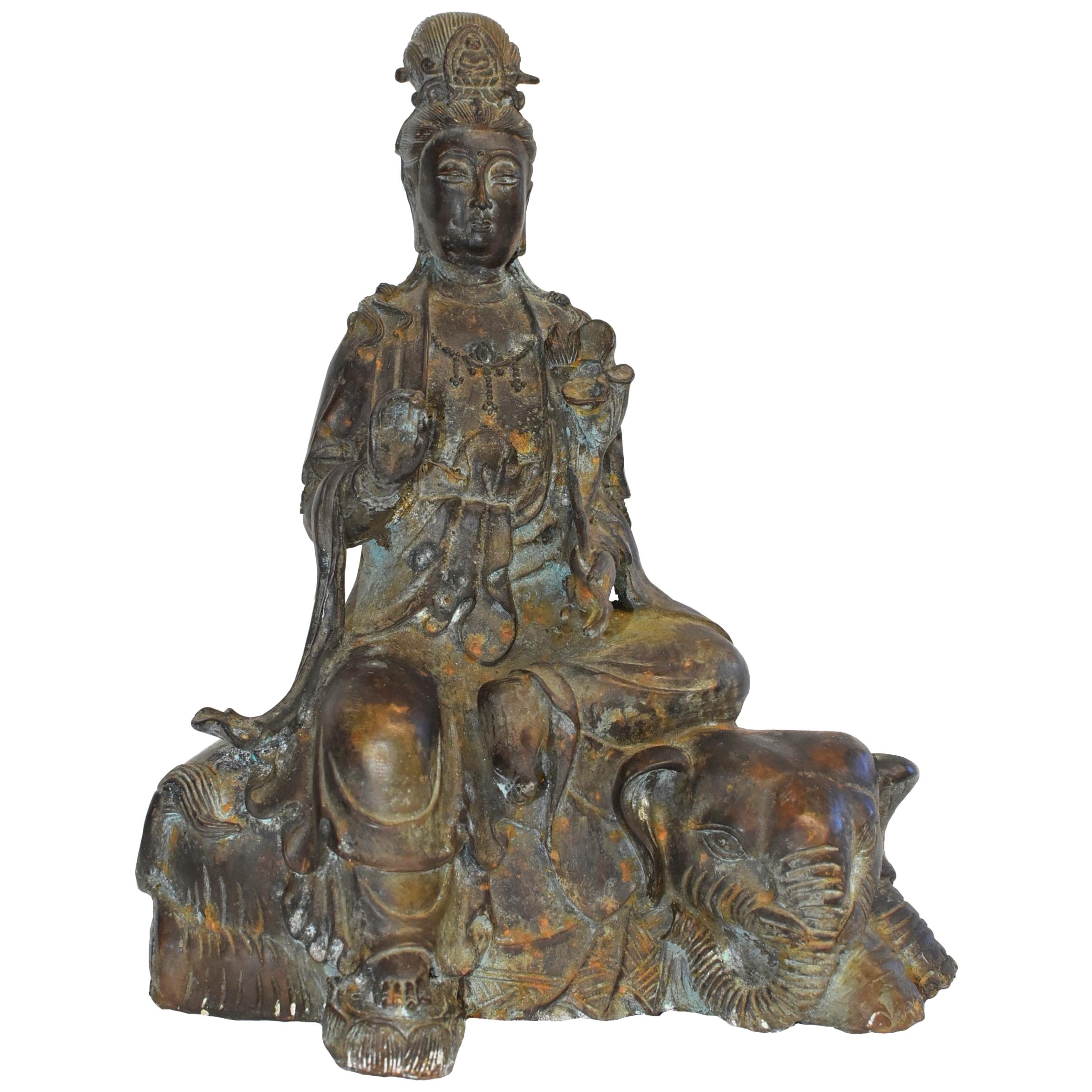 Antique Bronze Kwan Yin on Elephant