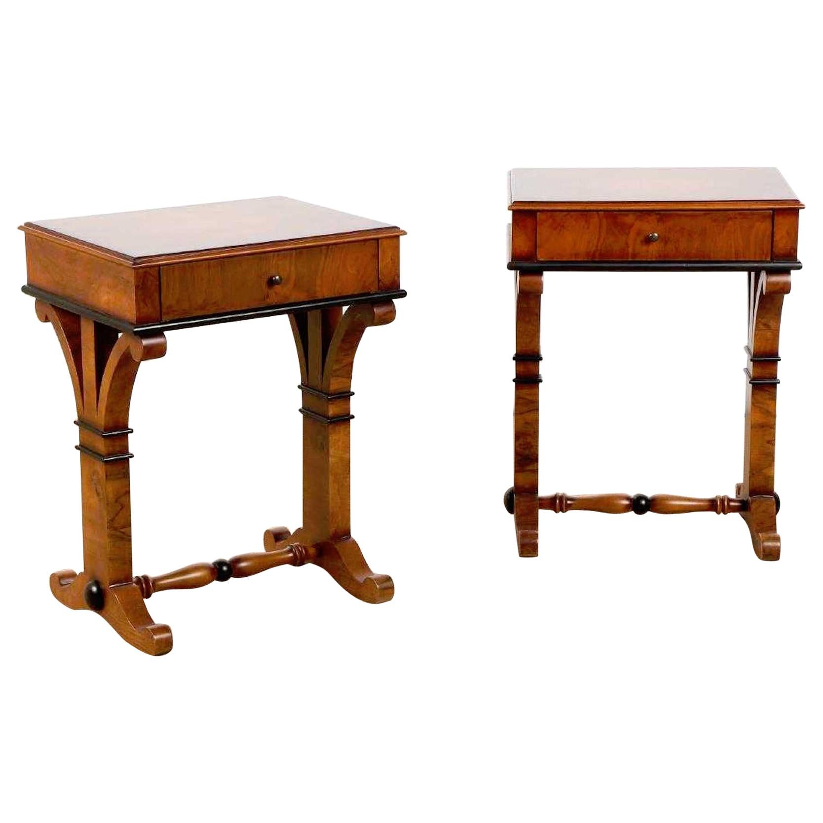 Pair of Biedermeier Style Burl and Ebonized End Tables or Nightstands