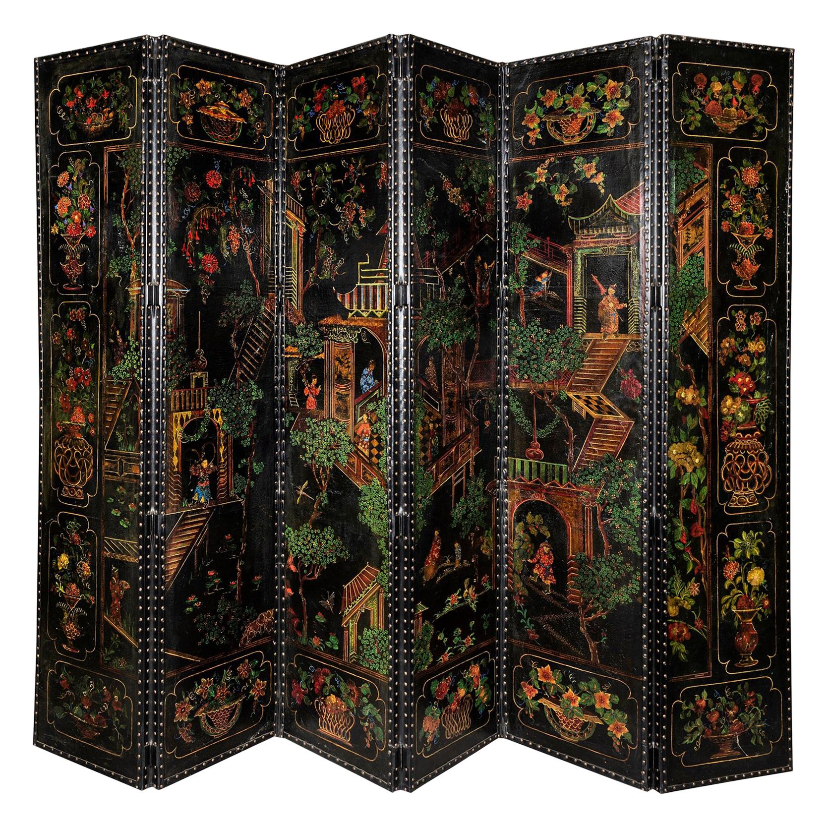 A 19th Century Southern Chinese Export Painted Leather Six Fold Screen