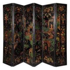 Antique A 19th Century Southern Chinese Export Painted Leather Six Fold Screen