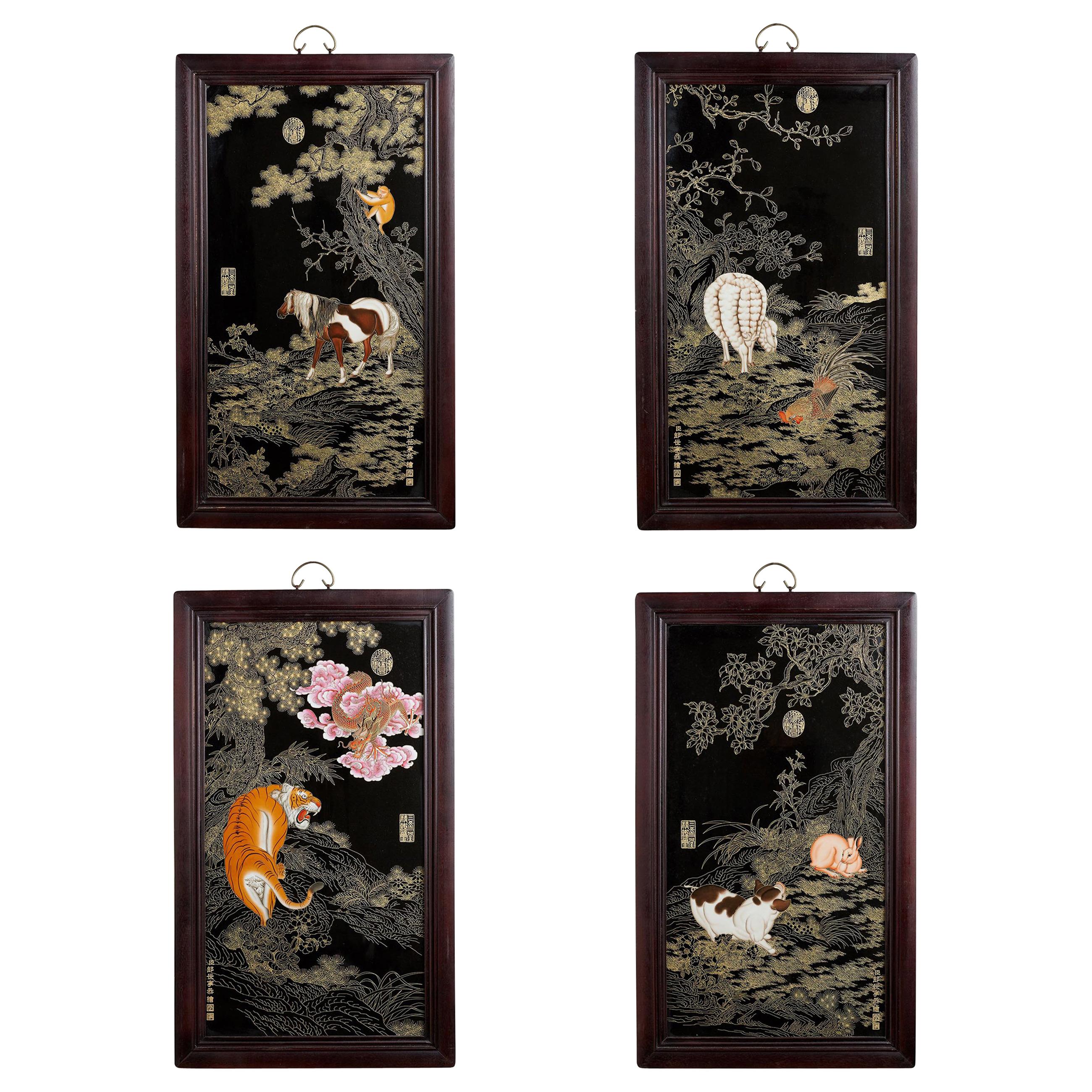 Set of Four Qing Style Painted Porcelain Panels