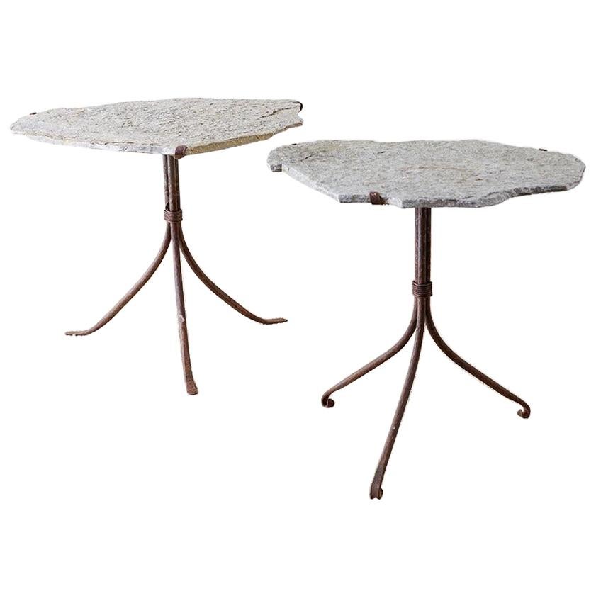 Pair of Live Edge Granite and Iron Drink Tables