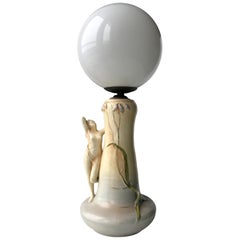 Art Nouveau Table Lamp with Nude Female Figurine Base in Stoneware